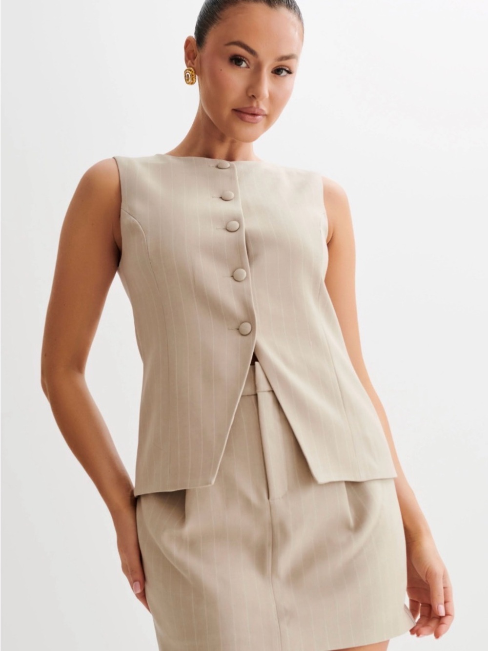 Meshki -Sleeveless Pinstripe Button-Front Vest in Taupe
